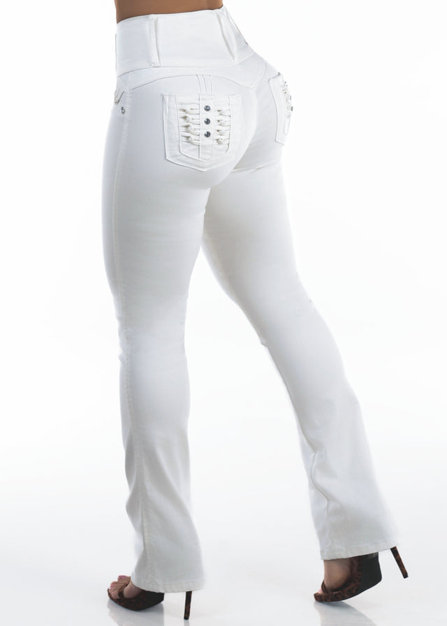MX JEANS Butt Lift High Waist Stretch Bootcut Jeans White w Back Pocket Design