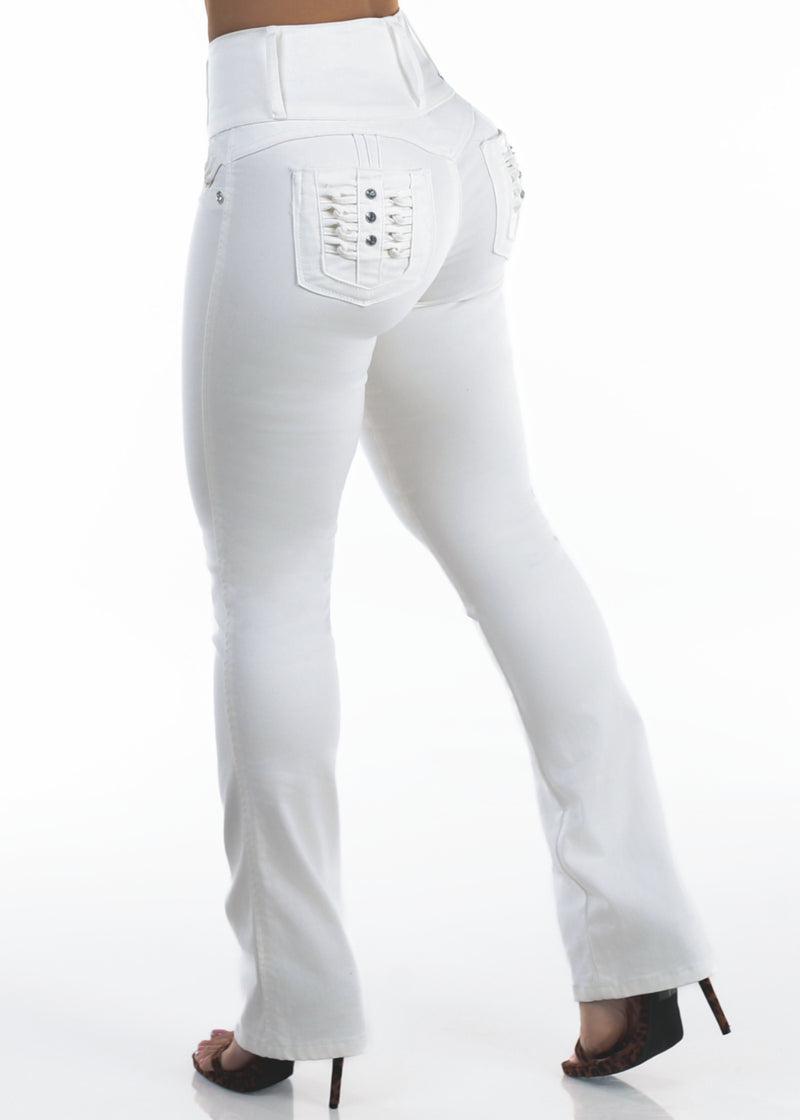 MX JEANS Butt Lift High Waist Stretch Bootcut Jeans White w Back Pocket Design