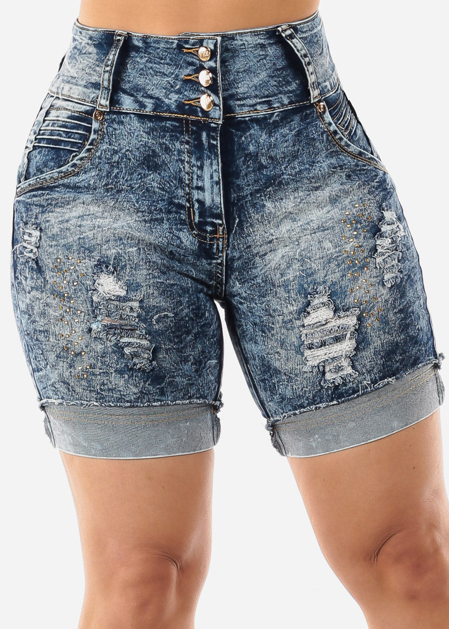 Butt Lift Mid Thigh Ripped Denim Shorts Acid Wash