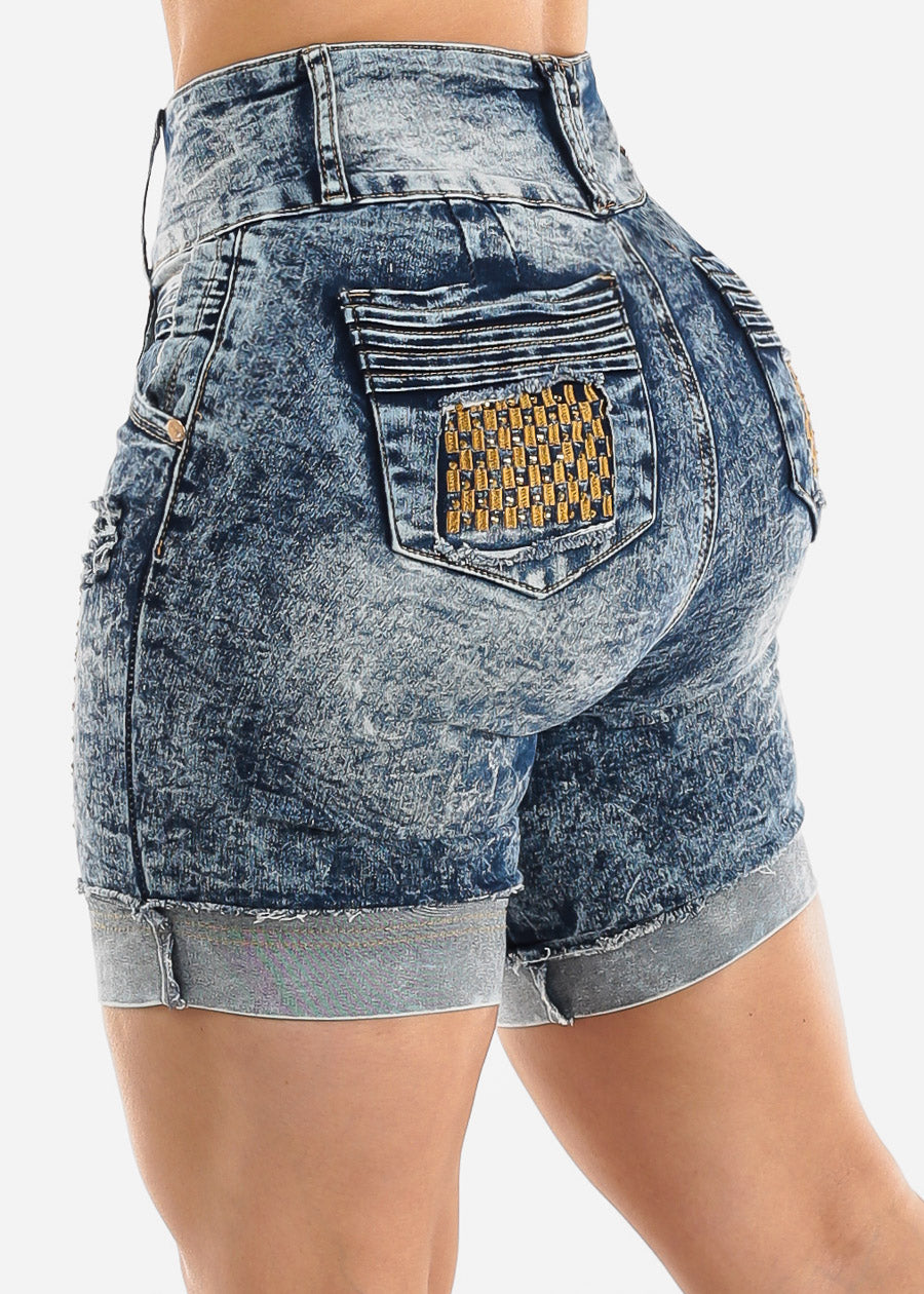 Butt Lift Mid Thigh Ripped Denim Shorts Acid Wash