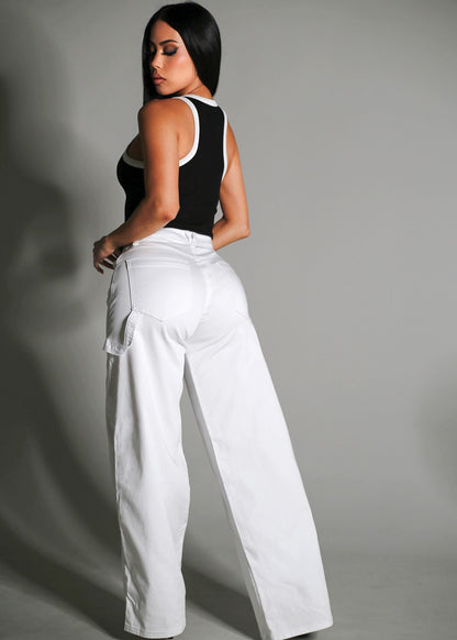 High Waisted White Wide Legged Stretch Jeans
