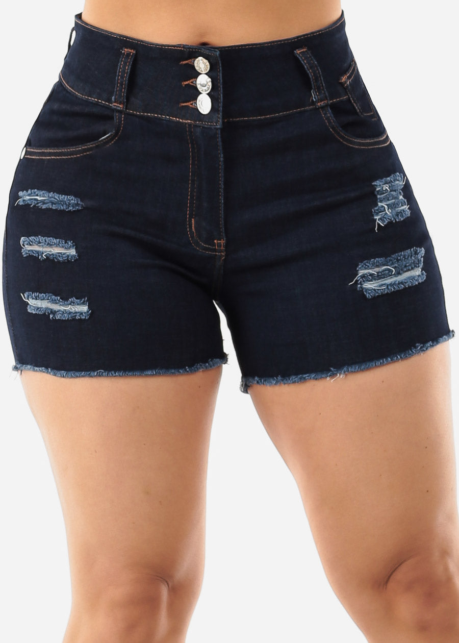 Super High Waist Levantacola Ripped Dark Denim Shorts