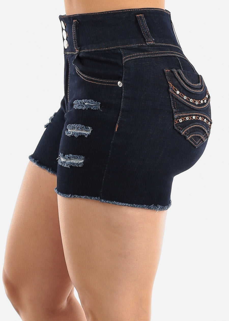 Super High Waist Levantacola Ripped Dark Denim Shorts