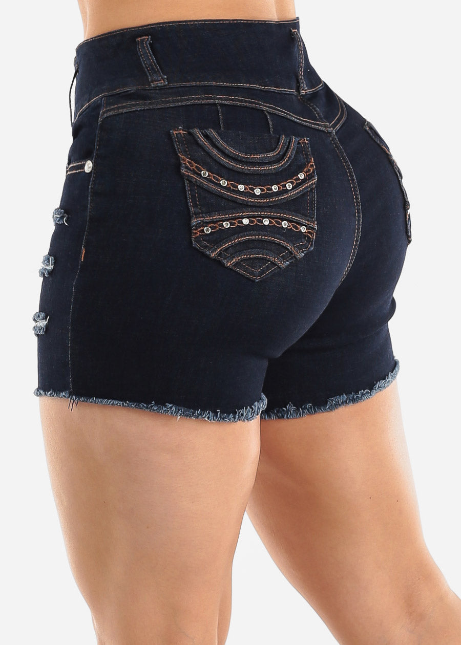 Super High Waist Levantacola Ripped Dark Denim Shorts