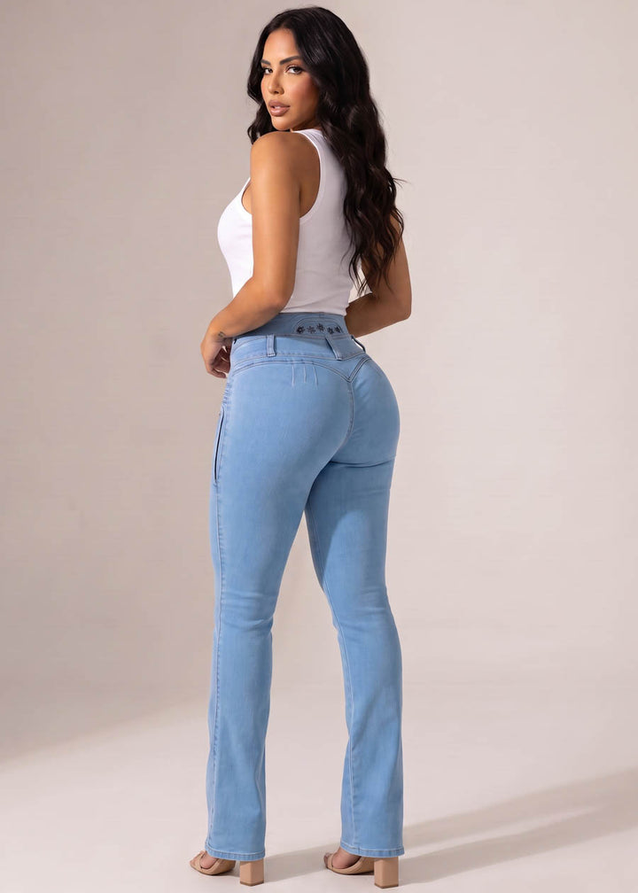 MX JEANS Embroidered Back Butt Lift Stretch Bootcut Jeans Light Blue