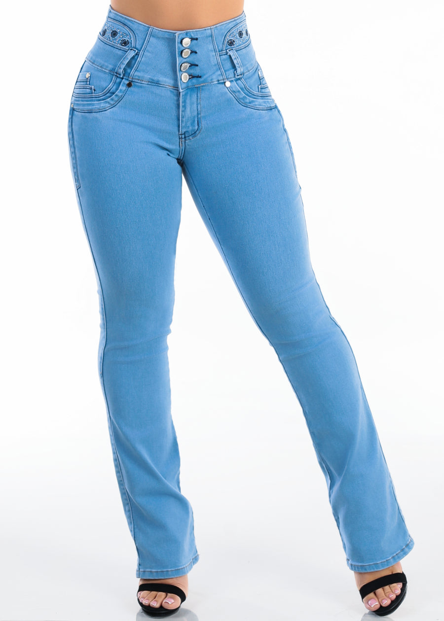 MX JEANS Embroidered Back Butt Lift Stretch Bootcut Jeans Light Blue