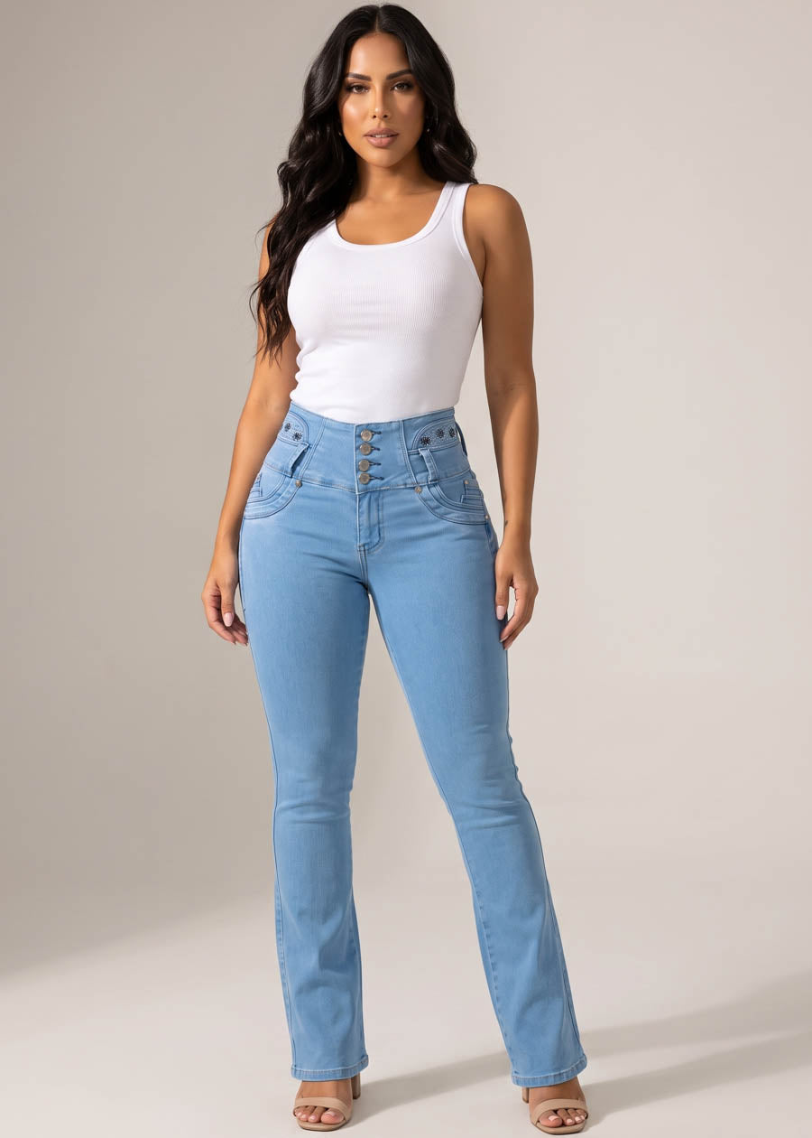 MX JEANS Embroidered Back Butt Lift Stretch Bootcut Jeans Light Blue