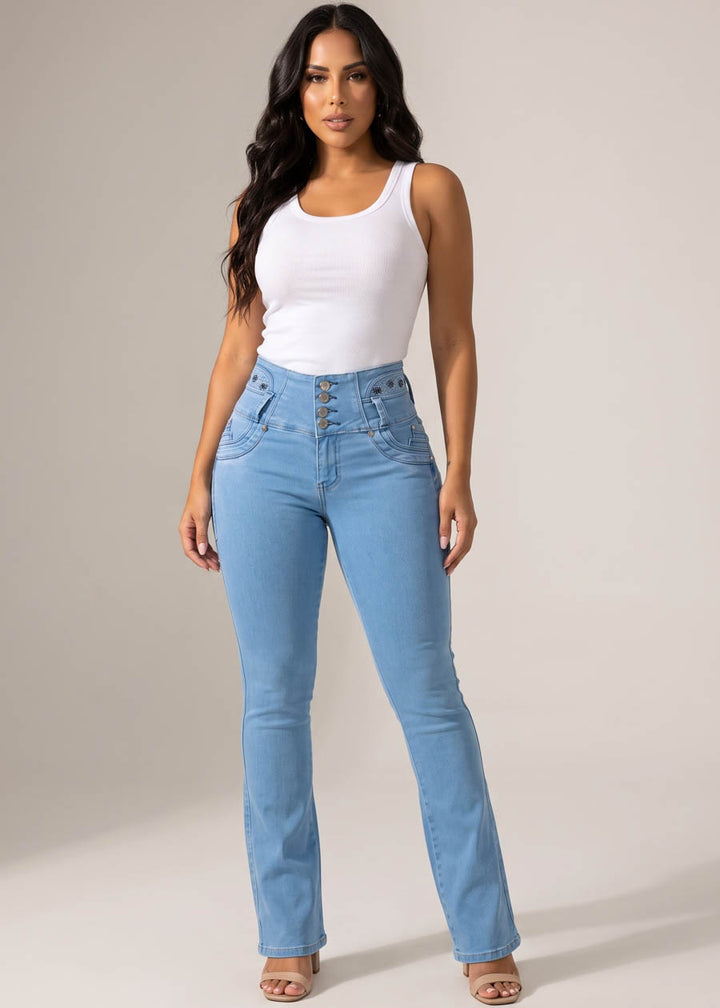 MX JEANS Embroidered Back Butt Lift Stretch Bootcut Jeans Light Blue
