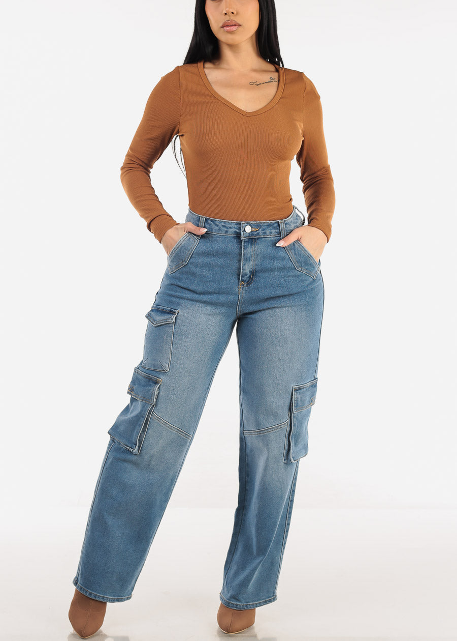 Super High Waist Straight Wide Leg Cargo Jeans Med Wash