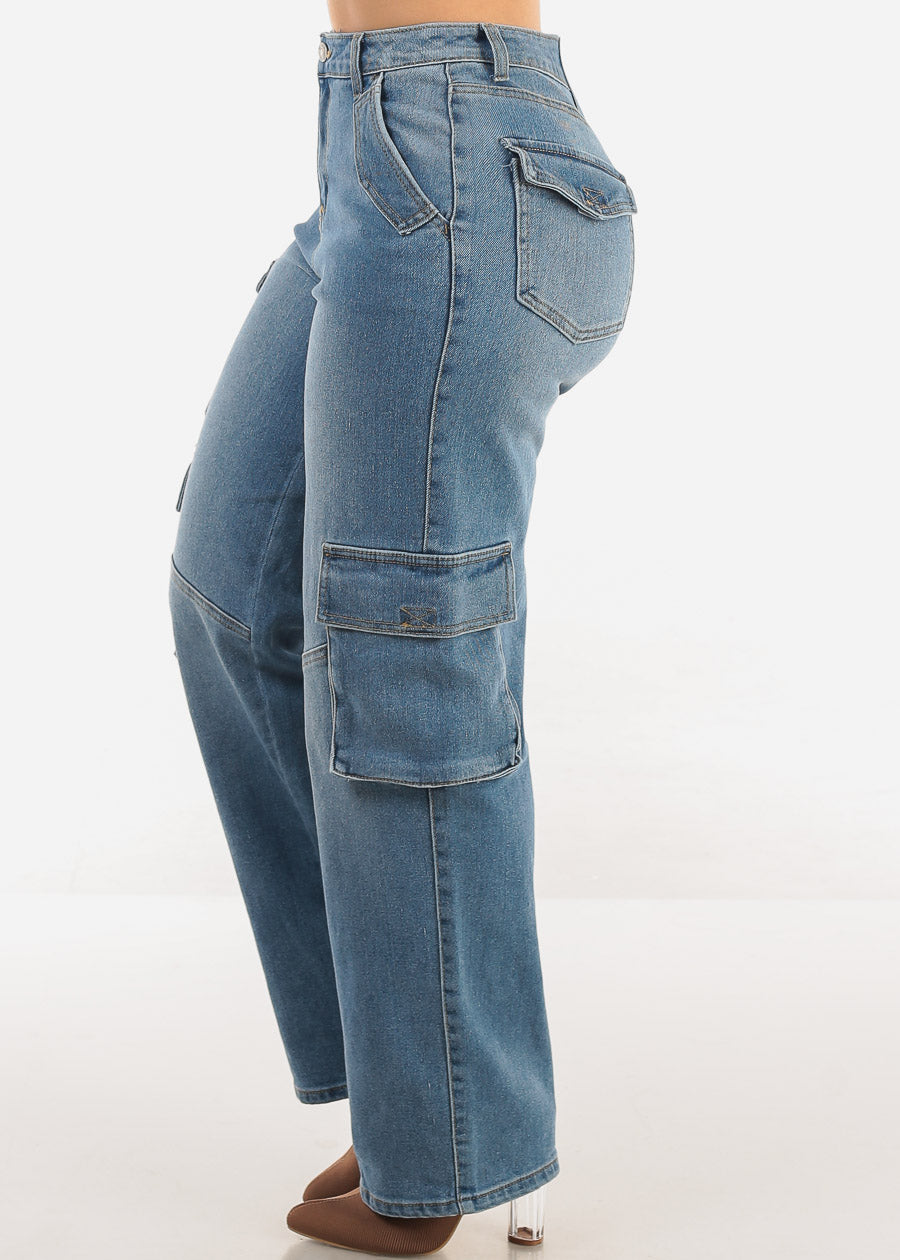 Super High Waist Straight Wide Leg Cargo Jeans Med Wash