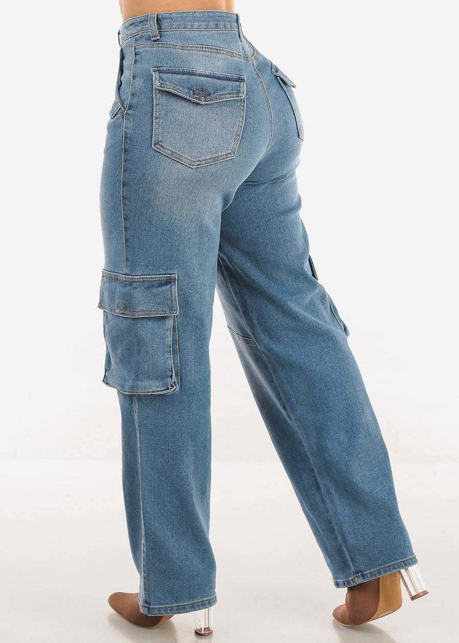 Super High Waist Straight Wide Leg Cargo Jeans Med Wash