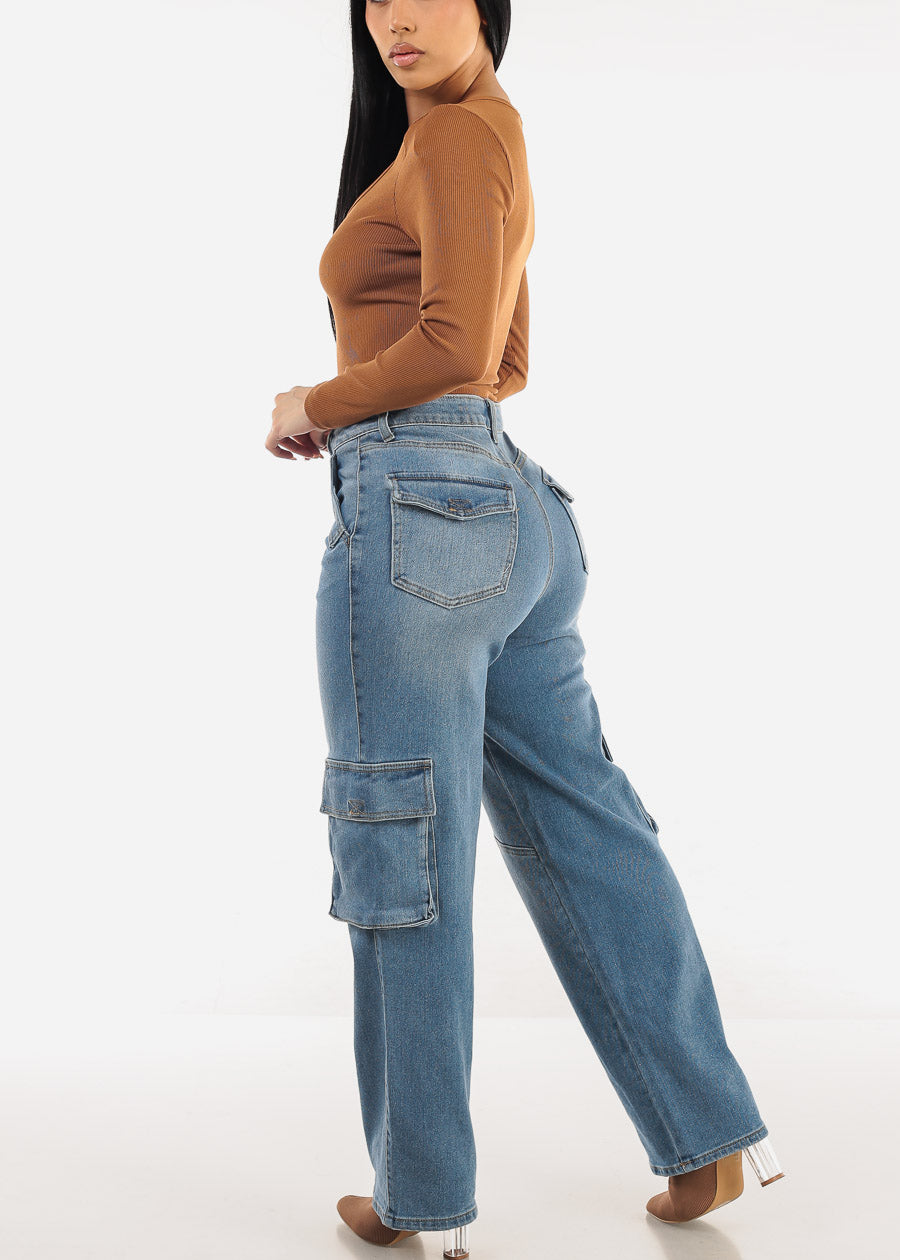 Super High Waist Straight Wide Leg Cargo Jeans Med Wash