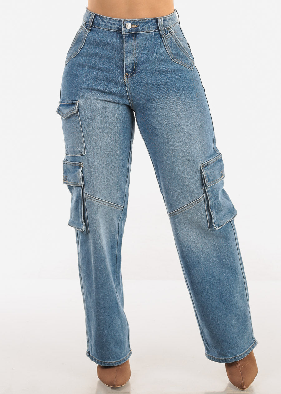 Super High Waist Straight Wide Leg Cargo Jeans Med Wash