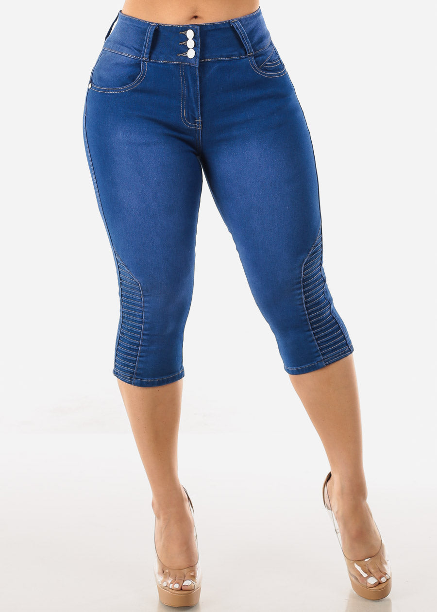 High Rise Butt Lifting Moto Denim Capris