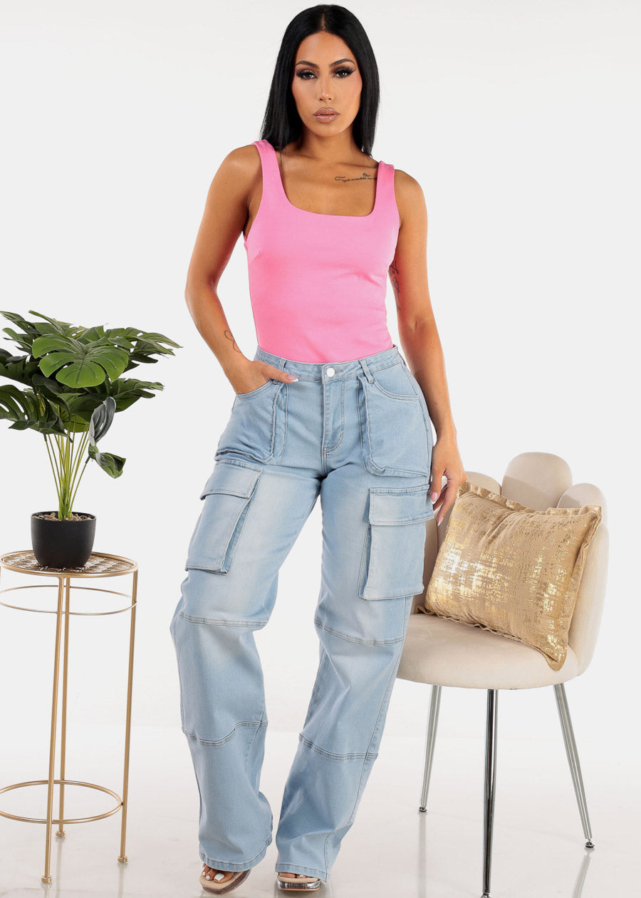 High Waist Straight Wide Leg Cargo Jeans Light Wash