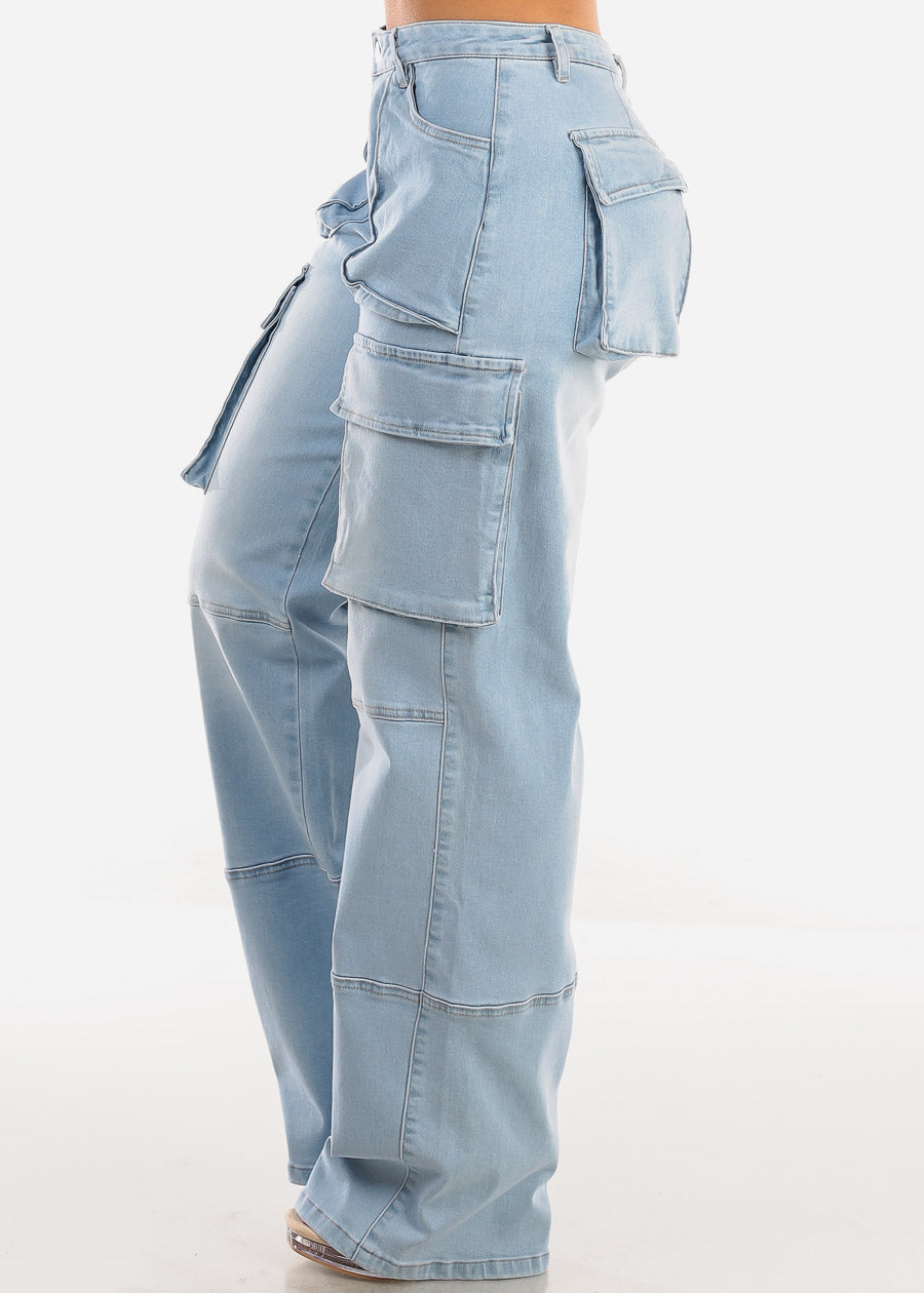 High Waist Straight Wide Leg Cargo Jeans Light Wash