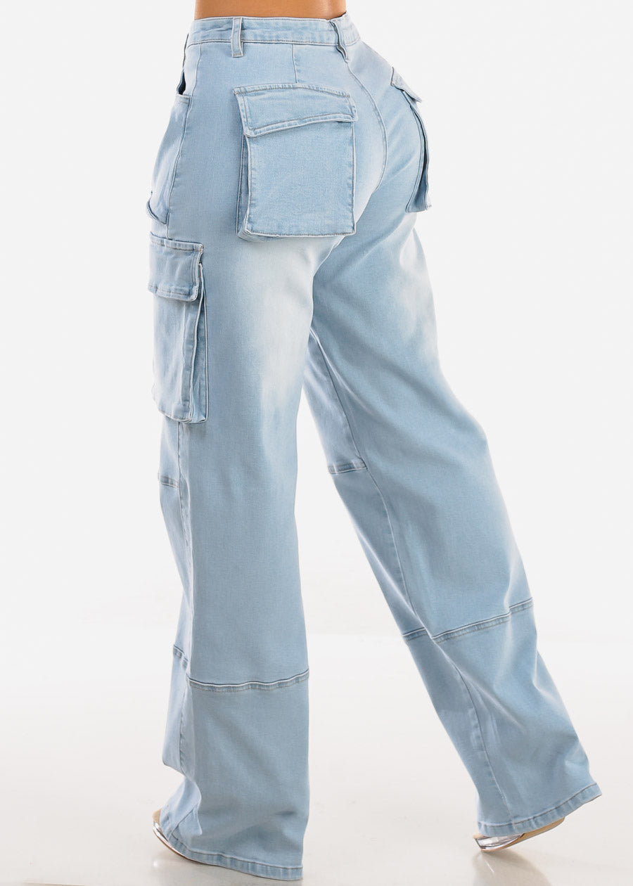 High Waist Straight Wide Leg Cargo Jeans Light Wash