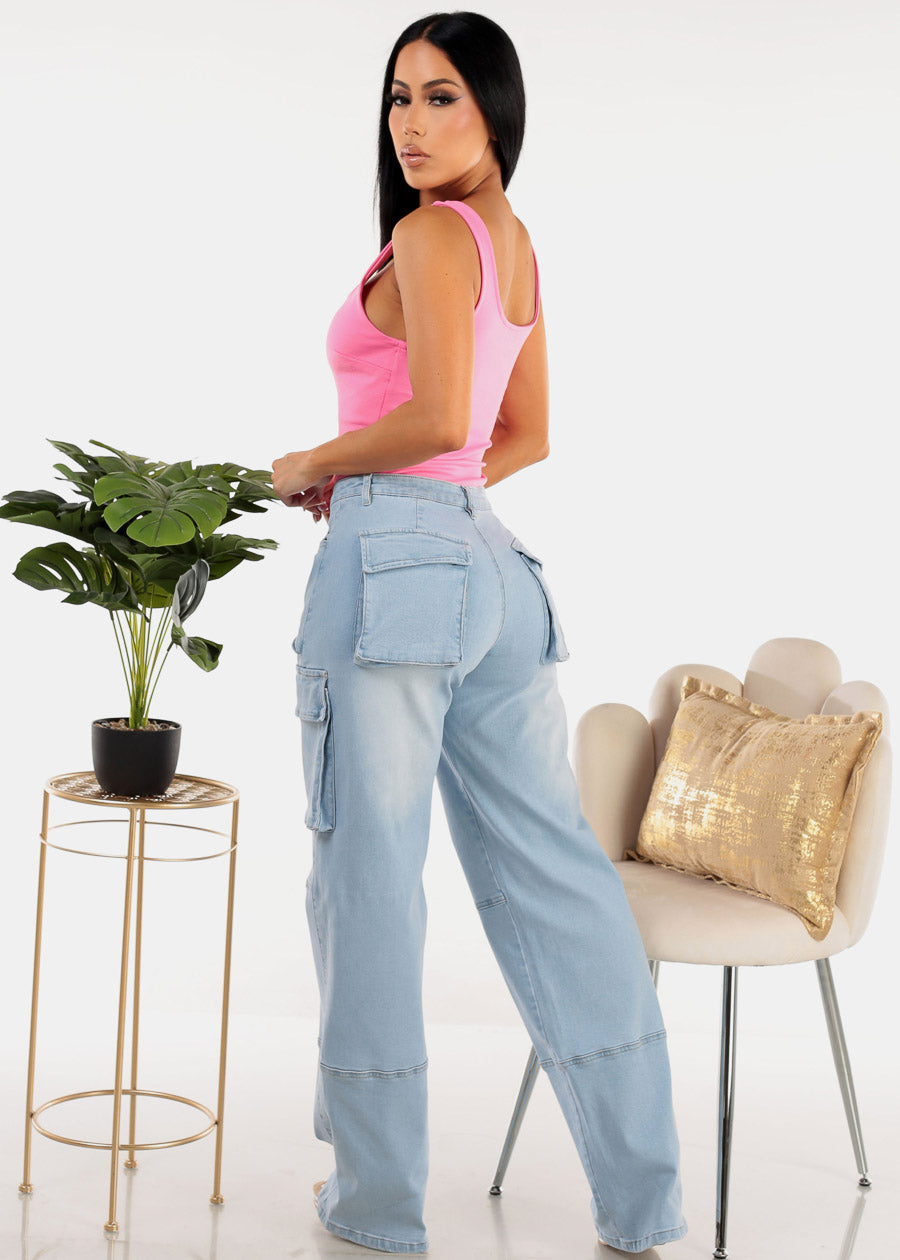 High Waist Straight Wide Leg Cargo Jeans Light Wash