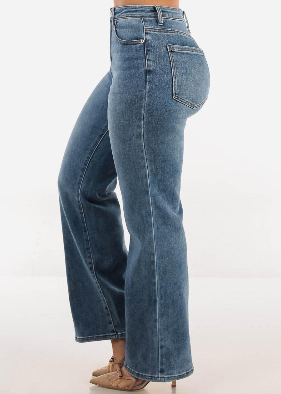 High Waisted Straight Wide Leg Stretch Jeans Light Wash