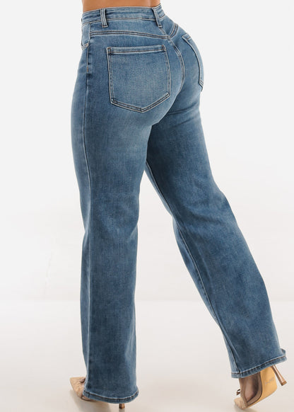 High Waisted Straight Wide Leg Stretch Jeans Light Wash