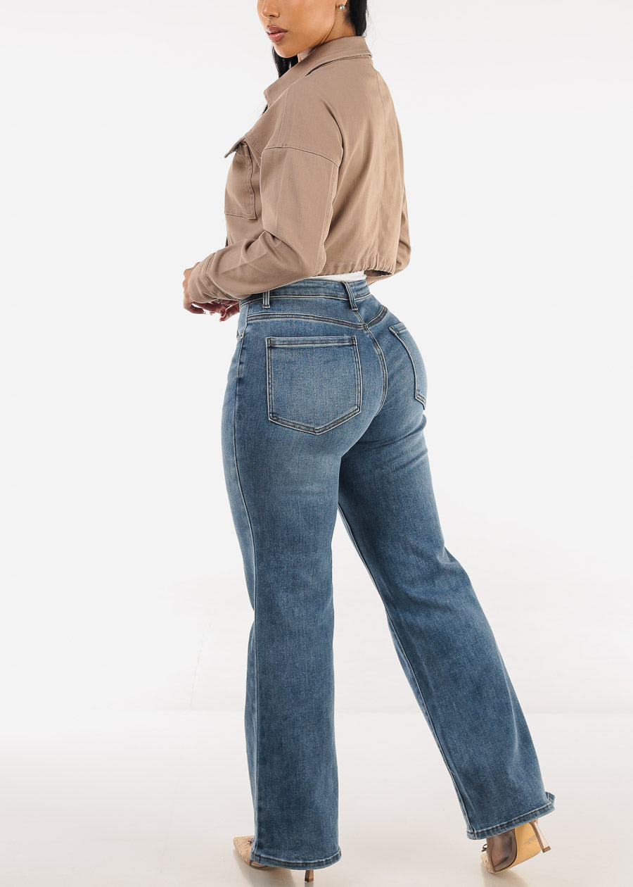 High Waisted Straight Wide Leg Stretch Jeans Light Wash