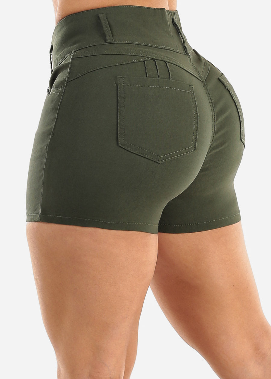 MX JEANS High Waist Hyper Stretch Butt Lifting Shorts Olive