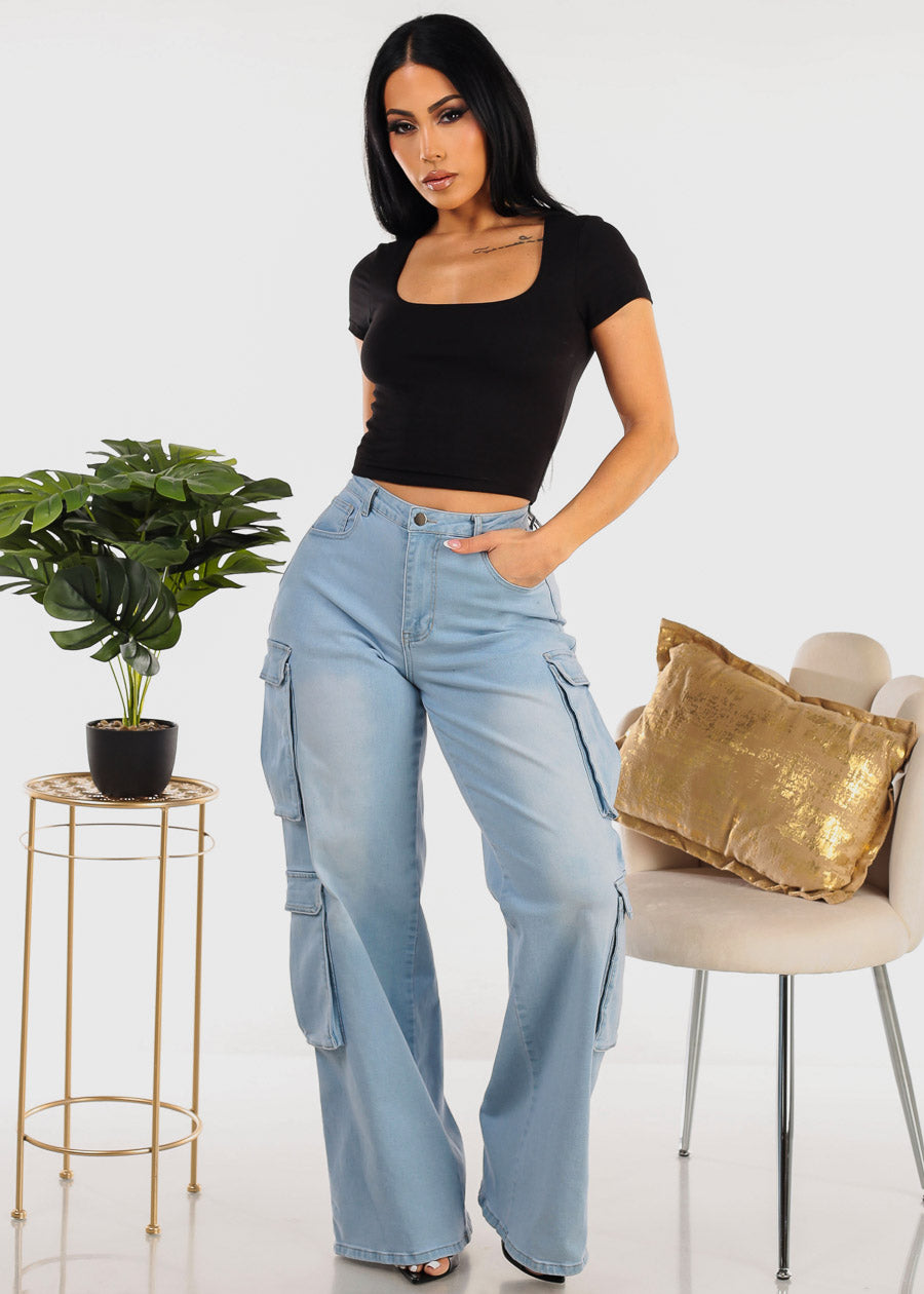 Butt Lifting High Waist Stretchy Light Cargo Jeans