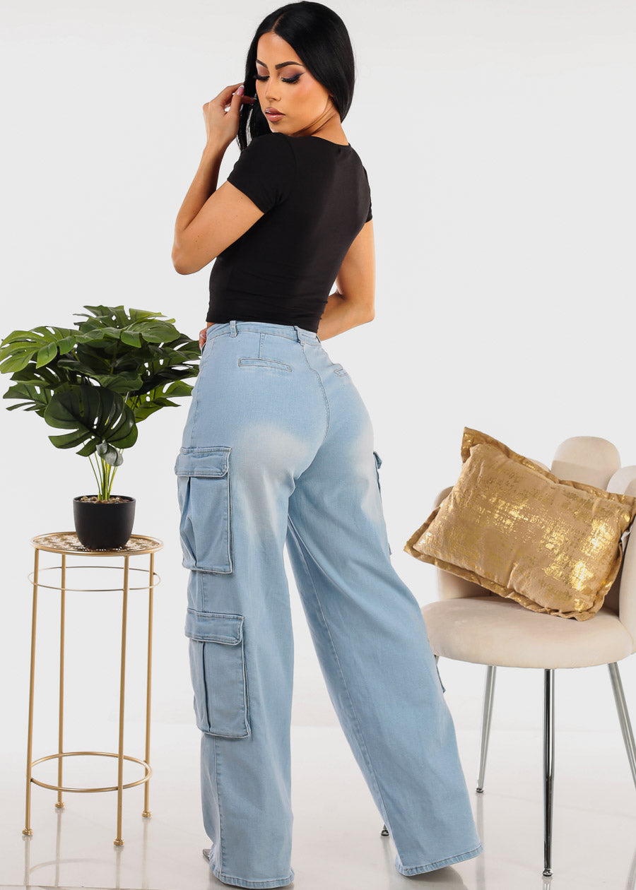 Butt Lifting High Waist Stretchy Light Cargo Jeans