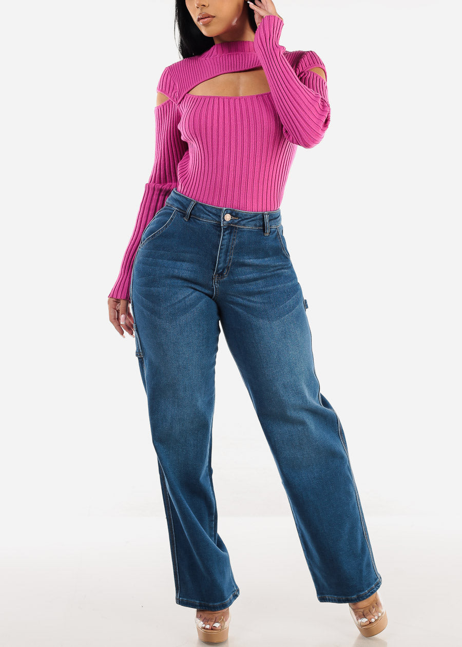 Super High Waist Straight Wide Leg Jeans Med Blue