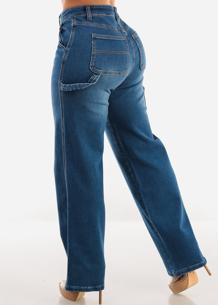 Super High Waist Straight Wide Leg Jeans Med Blue