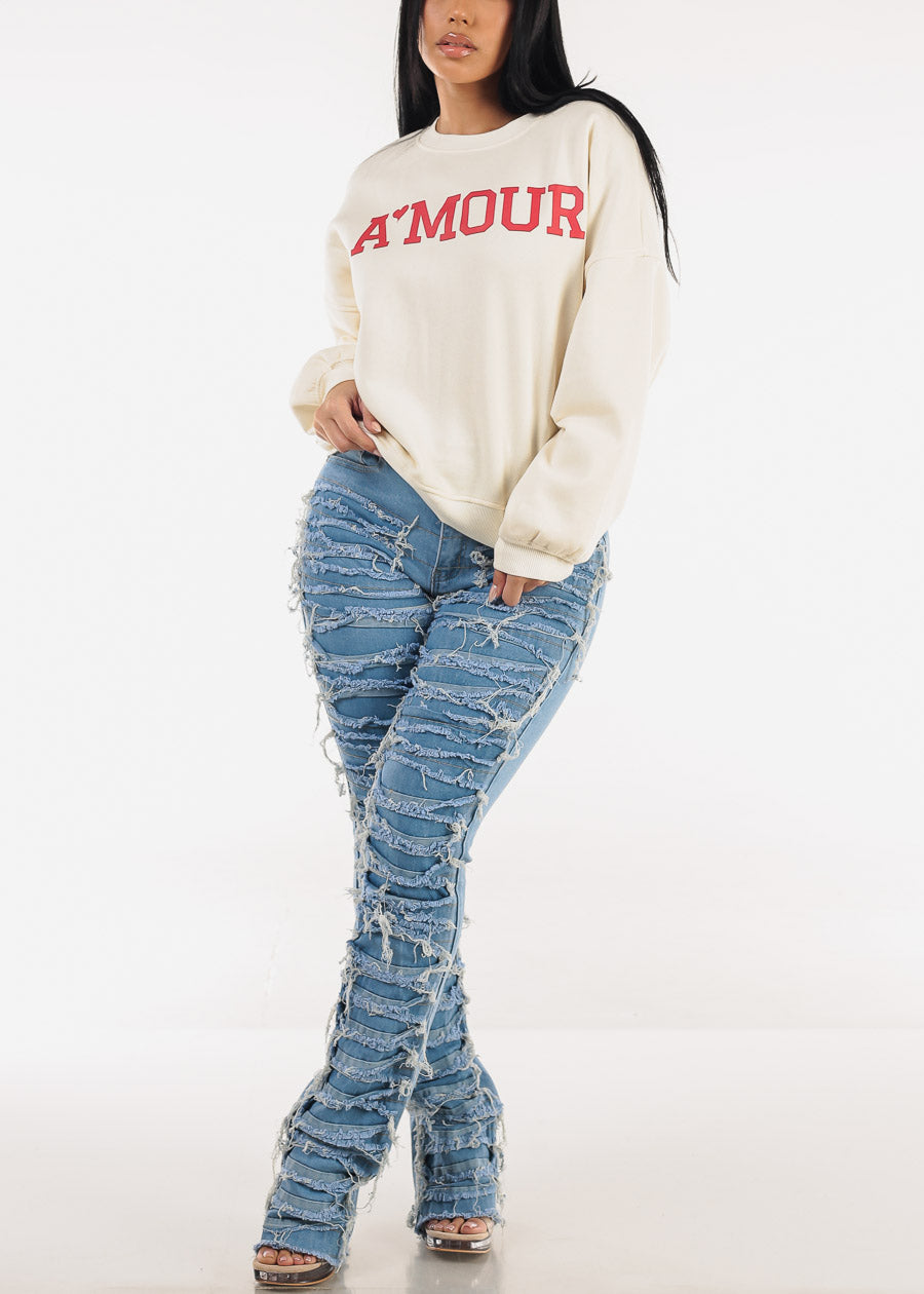 High Waist Ultra Distressed Stacked Lrg Jeans Blue