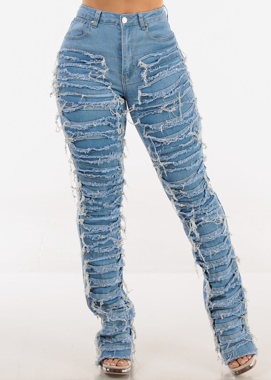 High Waist Ultra Distressed Stacked Lrg Jeans Blue