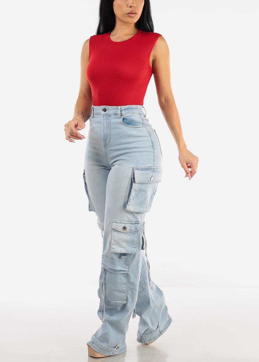 Super High Waist Light Wash Stretchy Cargo Jeans