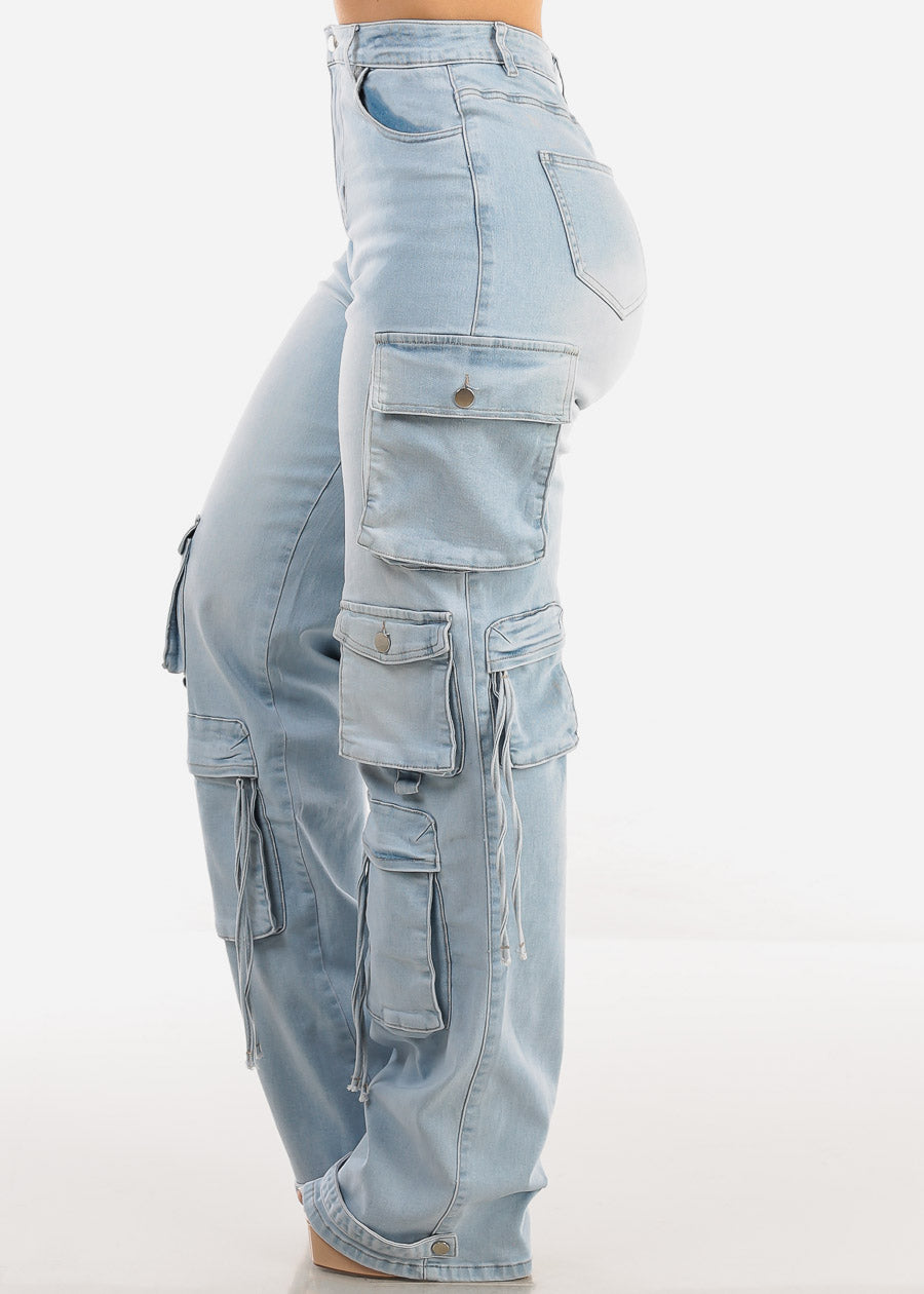 Super High Waist Light Wash Stretchy Cargo Jeans