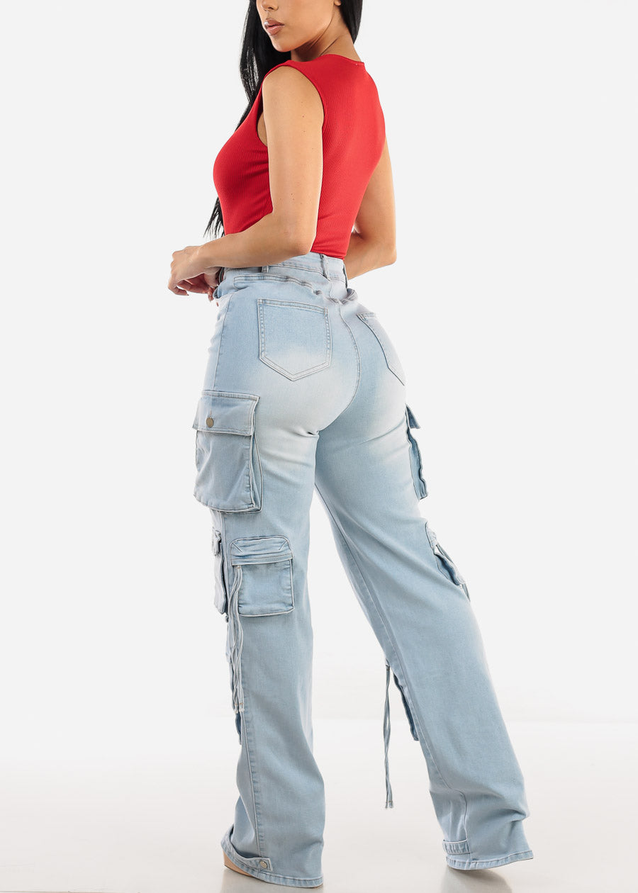 Super High Waist Light Wash Stretchy Cargo Jeans