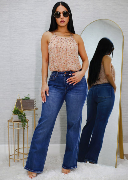 Stretchy High Waist Straight Wide Leg Jeans Med Blue