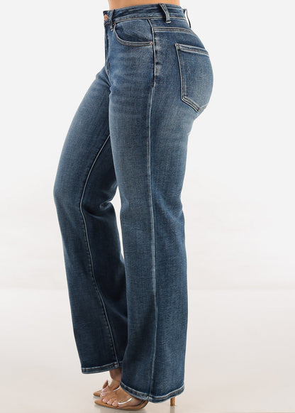 Stretchy High Waist Straight Wide Leg Jeans Med Blue