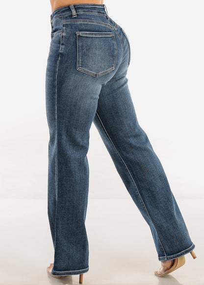 Stretchy High Waist Straight Wide Leg Jeans Med Blue