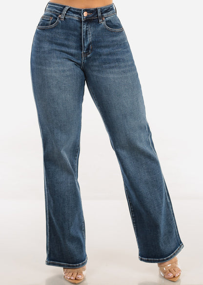 Stretchy High Waist Straight Wide Leg Jeans Med Blue