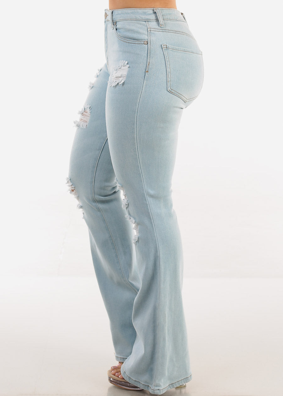 High Waisted Stretch Distressed Flared Jeans Light Wash