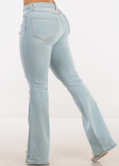 High Waisted Stretch Distressed Flared Jeans Light Wash