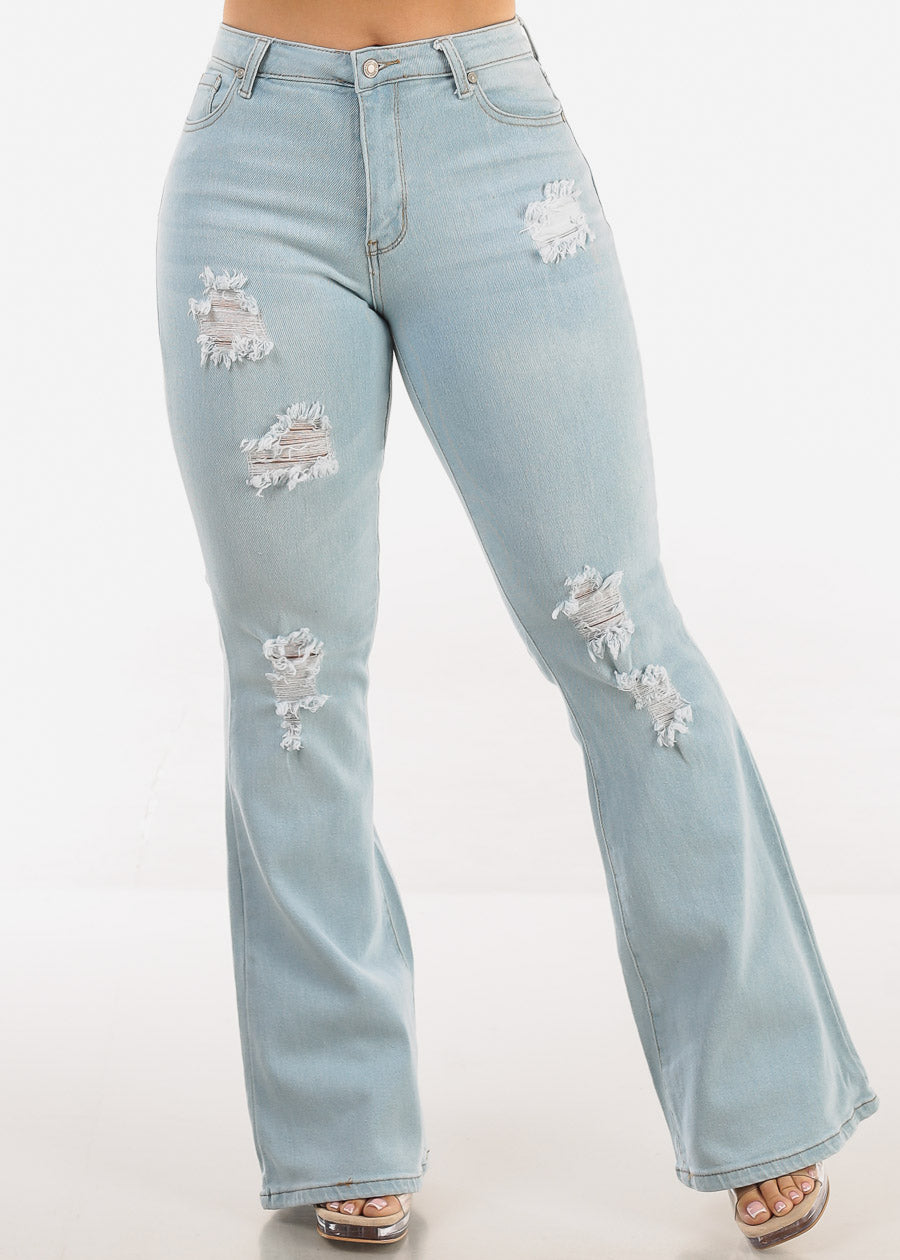 High Waisted Stretch Distressed Flared Jeans Light Wash