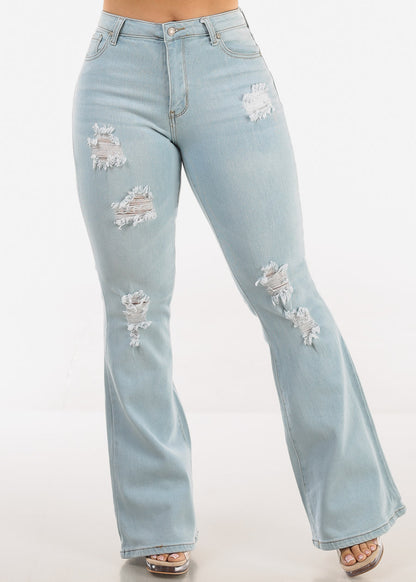 High Waisted Stretch Distressed Flared Jeans Light Wash