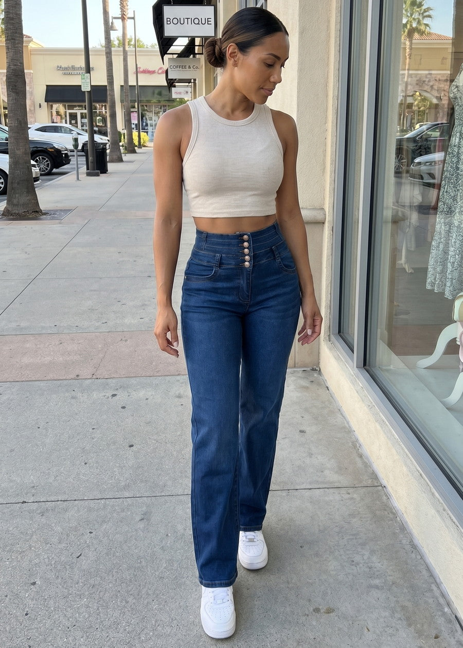 MX JEANS Butt Lift Thick Waist Wide Leg Stretch Jeans Dark Blue, view 12 of 14