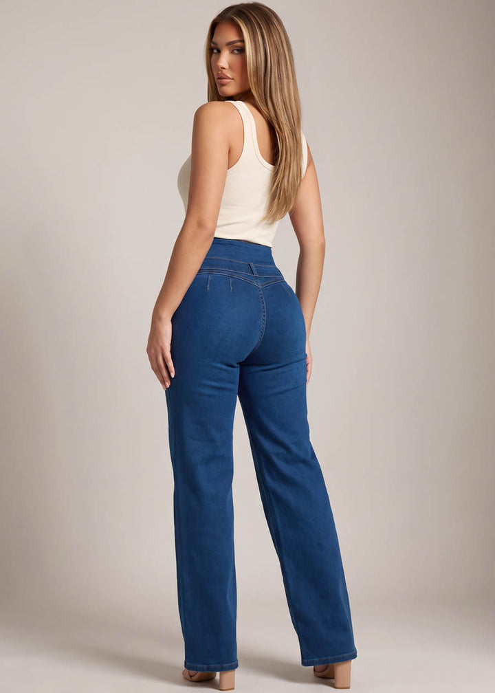 MX JEANS Butt Lift Thick Waist Wide Leg Stretch Jeans Dark Blue