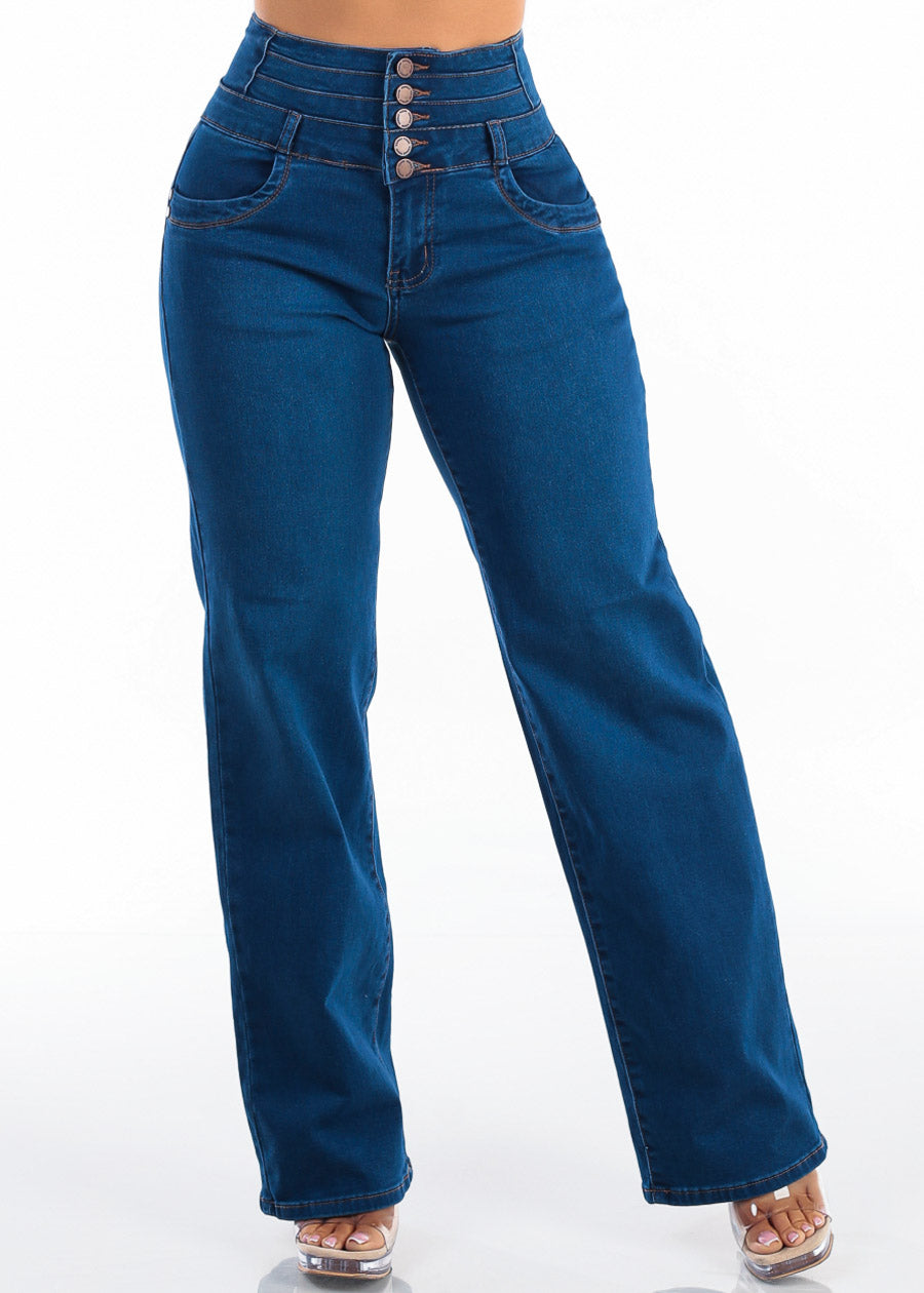 MX JEANS Butt Lift Thick Waist Wide Leg Stretch Jeans Dark Blue