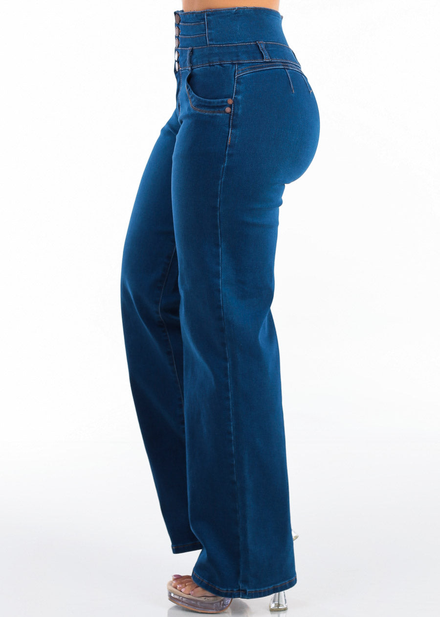 MX JEANS Butt Lift Thick Waist Wide Leg Stretch Jeans Dark Blue