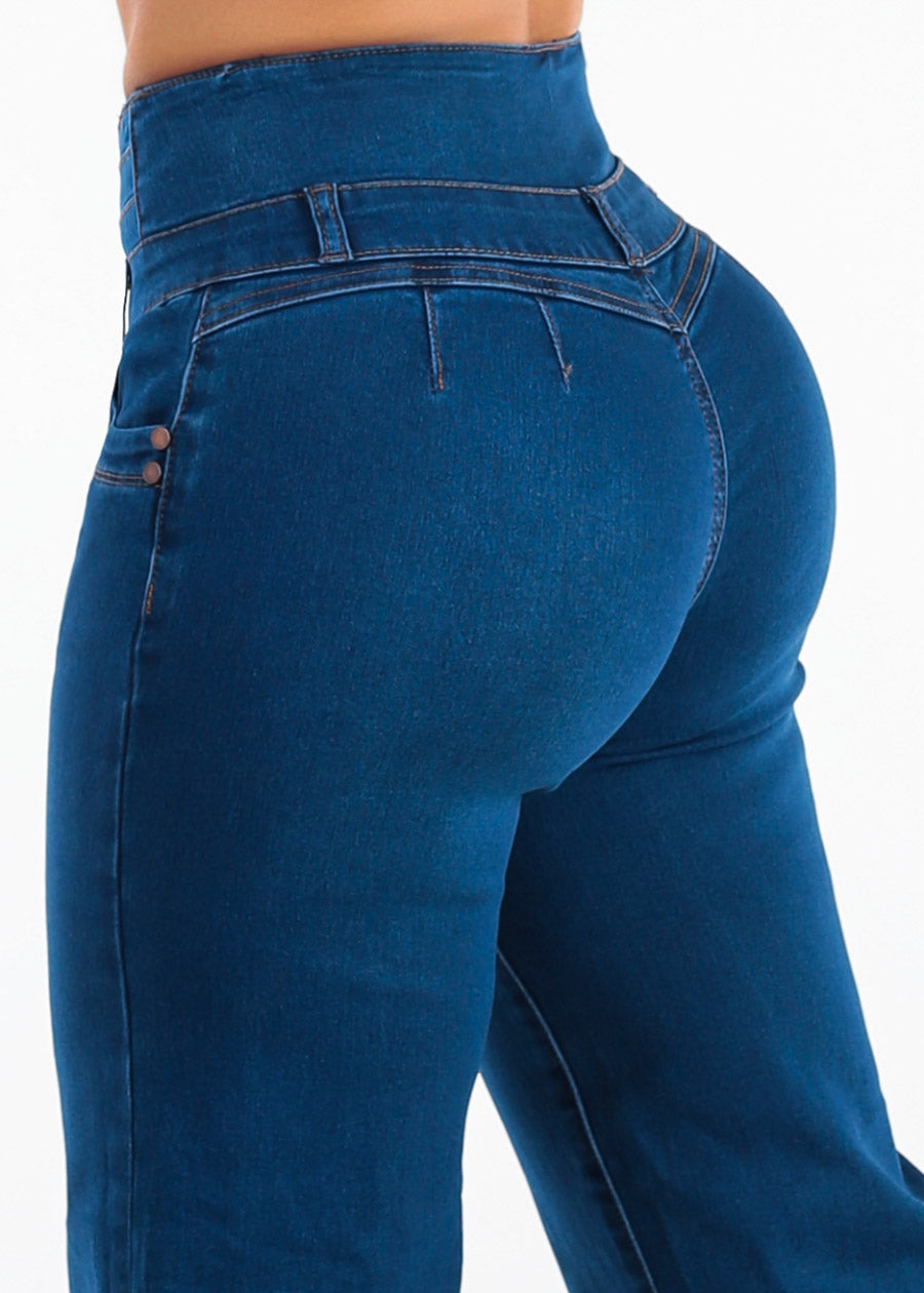 MX JEANS Butt Lift Thick Waist Wide Leg Stretch Jeans Dark Blue