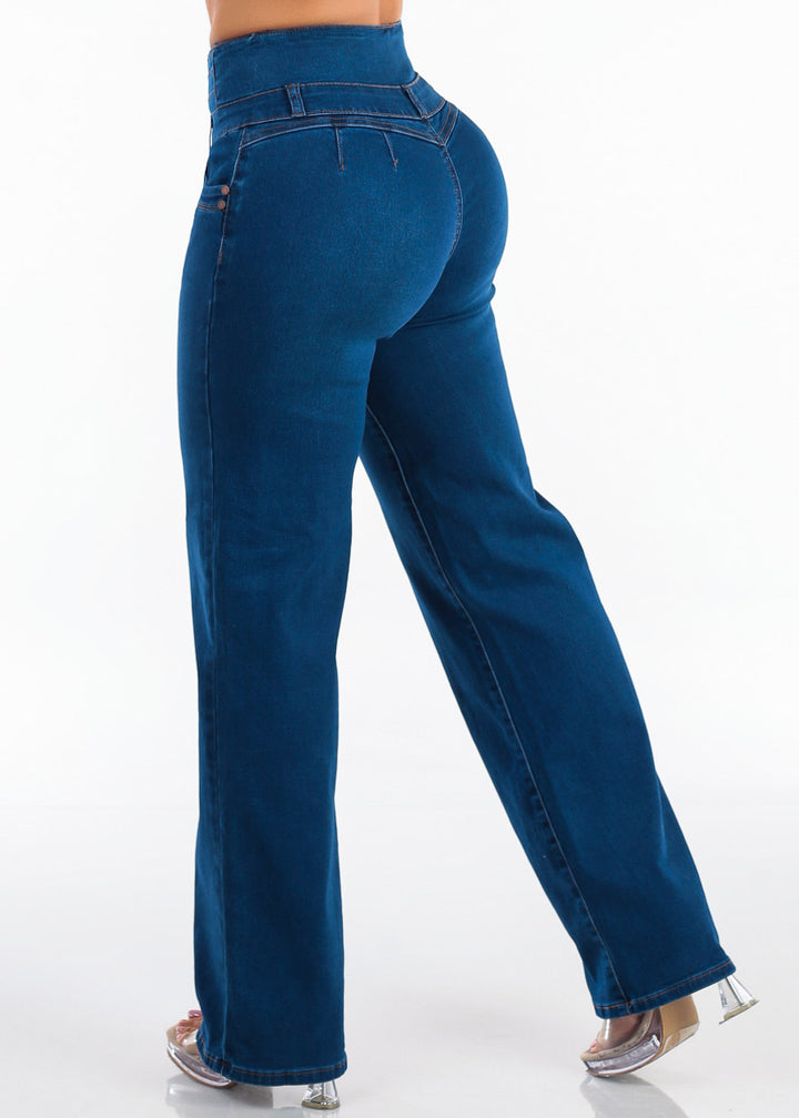 MX JEANS Butt Lift Thick Waist Wide Leg Stretch Jeans Dark Blue