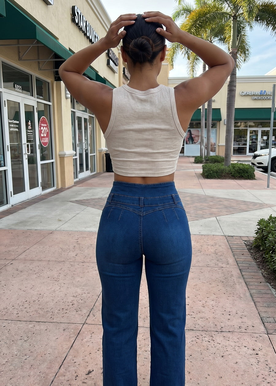 MX JEANS Butt Lift Thick Waist Wide Leg Stretch Jeans Dark Blue, view 11 of 14